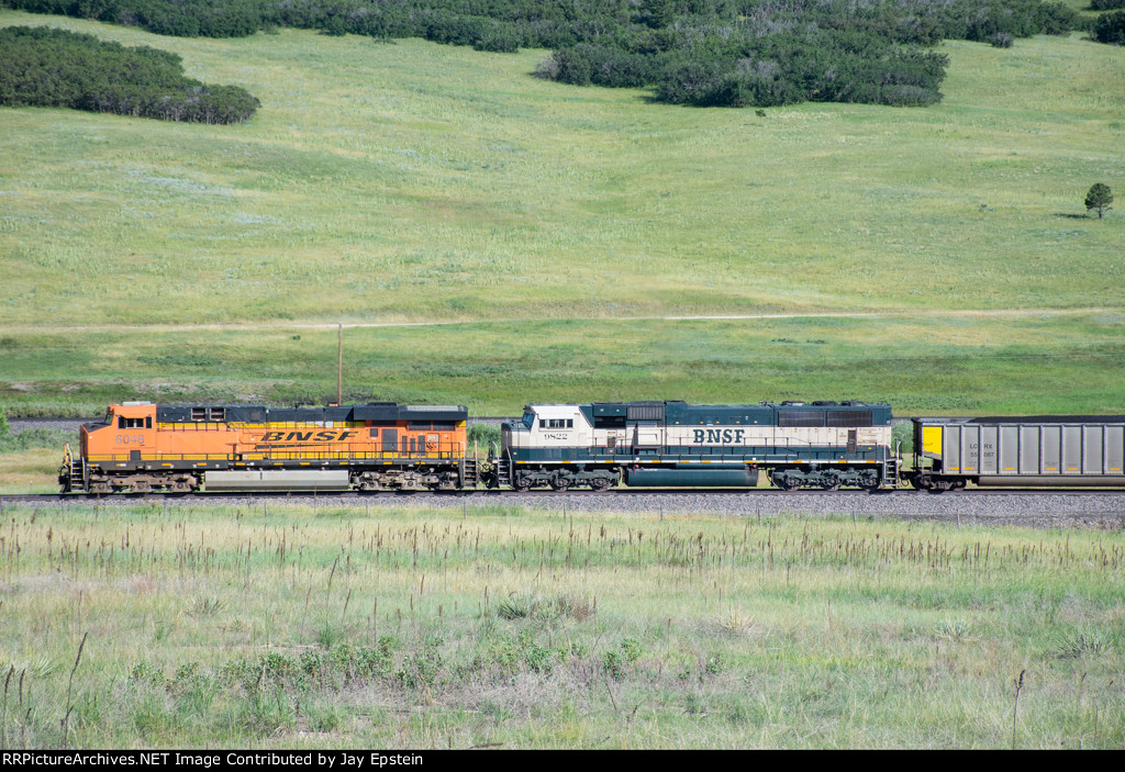 BNSF 6048 and BNSF 9822 bring up the rear of a loaded coal train